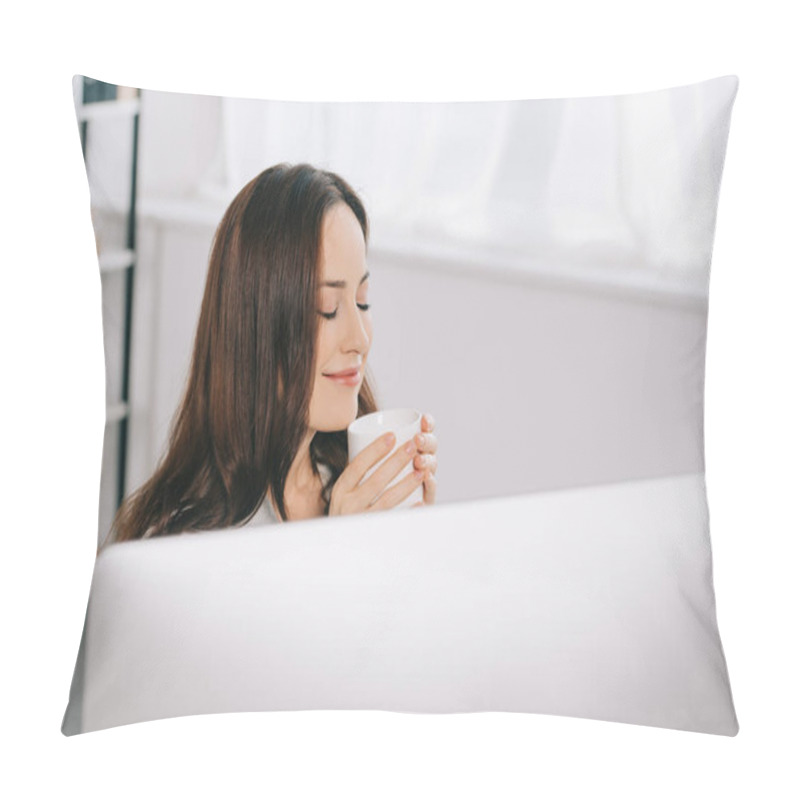 Personality  Selective Focus Of Smiling Secretary Holding Coffee Cup While Sitting With Closed Eyes Pillow Covers