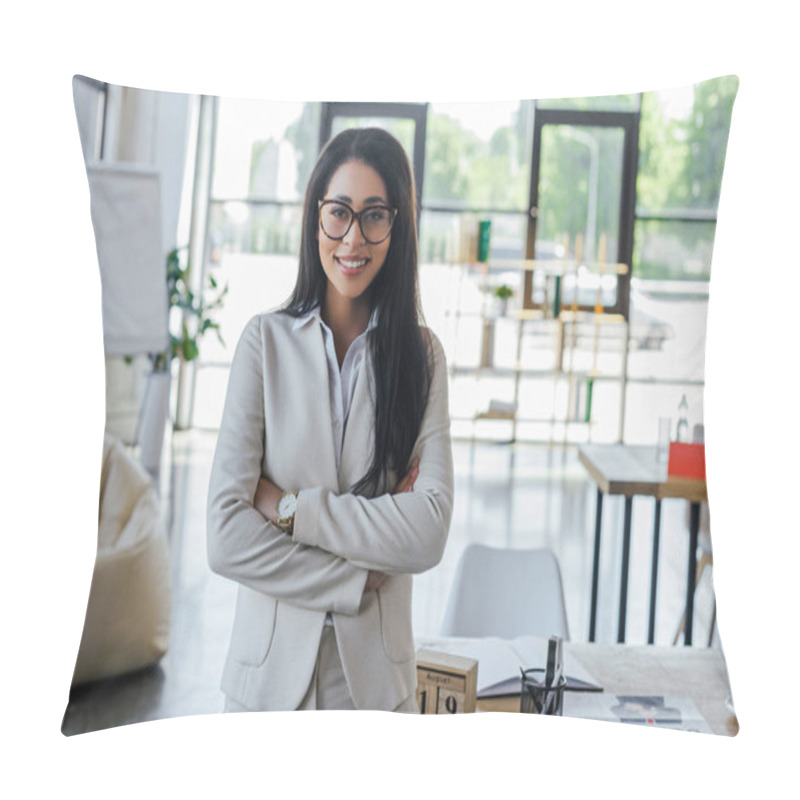 Personality  Happy Businesswoman In Glasses Standing With Crossed Arms Near Table In Office  Pillow Covers