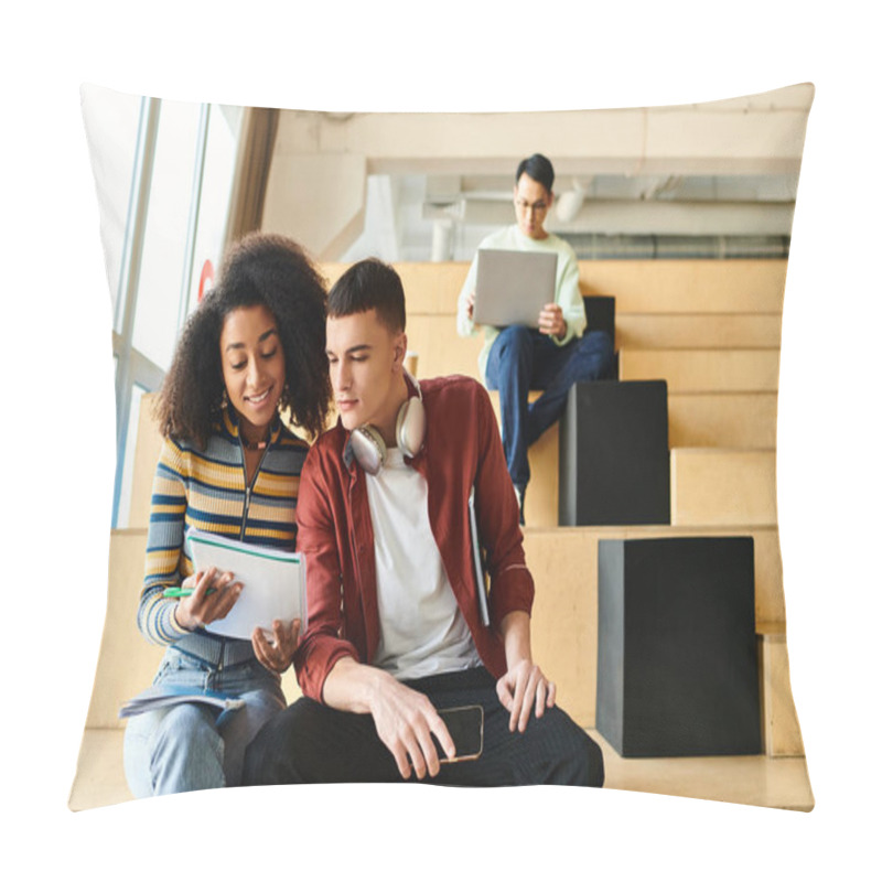 Personality  A Man And Woman Of Different Races Sit Peacefully Together On A Flight Of Stairs Pillow Covers