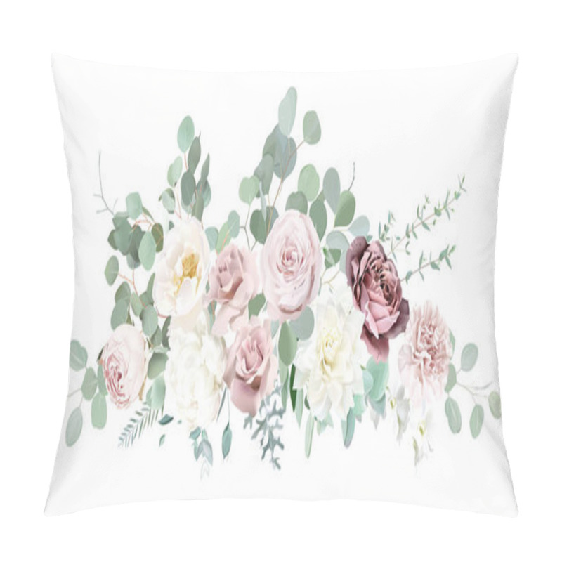 Personality  Silver Sage Green And Blush Pink Flowers Vector Design Bouquet. Dusty Mauve Rose, White Dahlia, Carnation, Peony, Ranunculus, Eucalyptus, Greenery. Wedding Floral Watercolor. Isolated And Editable Pillow Covers