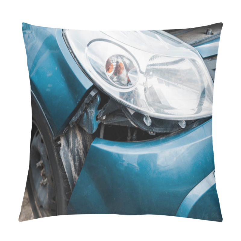 Personality  Selective Focus Of Crashed Blue Vehicle After Car Accident  Pillow Covers