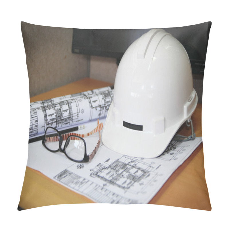 Personality  File Of Safety Helmet And Architect Plant On Wood Table Pillow Covers