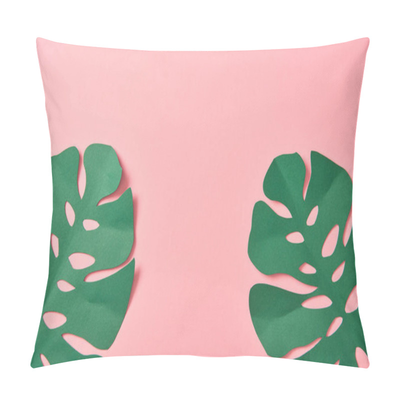 Personality  Top View Of Green Palm Leaves On Pink Background With Copy Space Pillow Covers