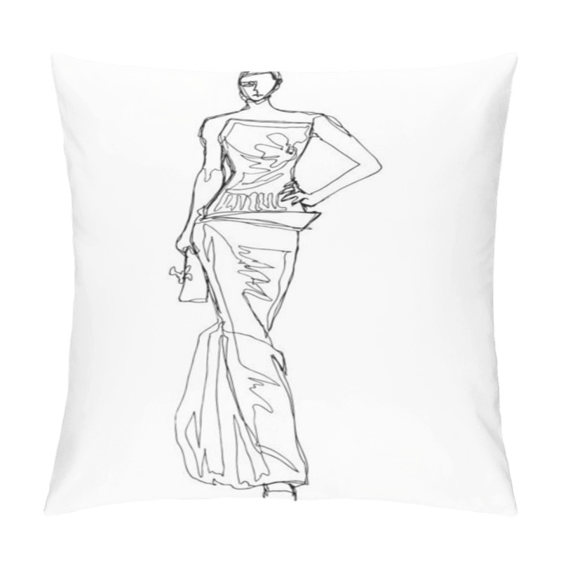 Personality  Fashion Women Sketch. Fashion Illustration For Magazine. Fashion Silhouette Of Model In Line Sketching. Hand Drawn Young Lady Model. Woman Silhouette In Black Ink Lines Illustration Black White  Pillow Covers