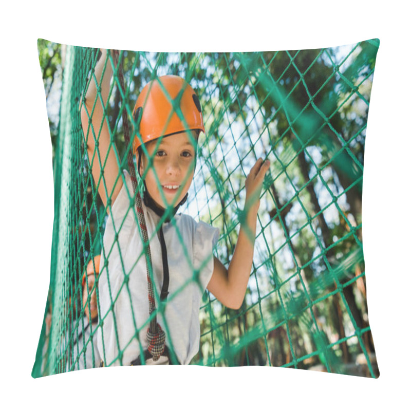 Personality  Selective Focus Of Happy Kid In Helmet With Safety Equipment In Adventure Park  Pillow Covers