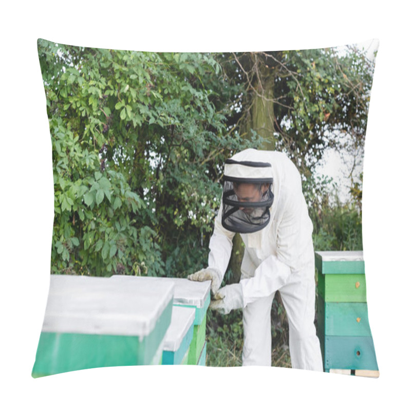 Personality  Beekeeper In Safety Equipment Opening Beehive While Working On Apiary Pillow Covers