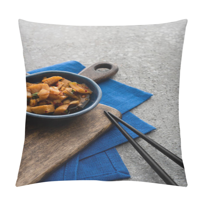 Personality  Bowl With Deicious Kimchi On Wooden Cutting Board And Blue Cloth Near Chopsticks On Concrete Surface Pillow Covers