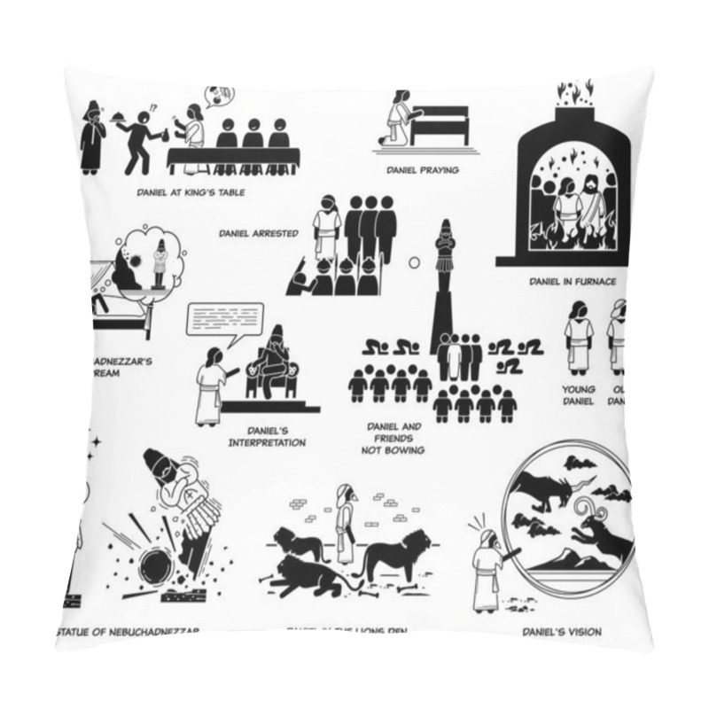 Personality  Daniel Biblical Figure In The Book Of Daniel. Vector Illustration Depicts Story Of Daniel And Three Friends With King Nebuchadnezzar Dreams And Statue. Miracle Of Daniel In Fiery Furnace And Lion Den. Pillow Covers