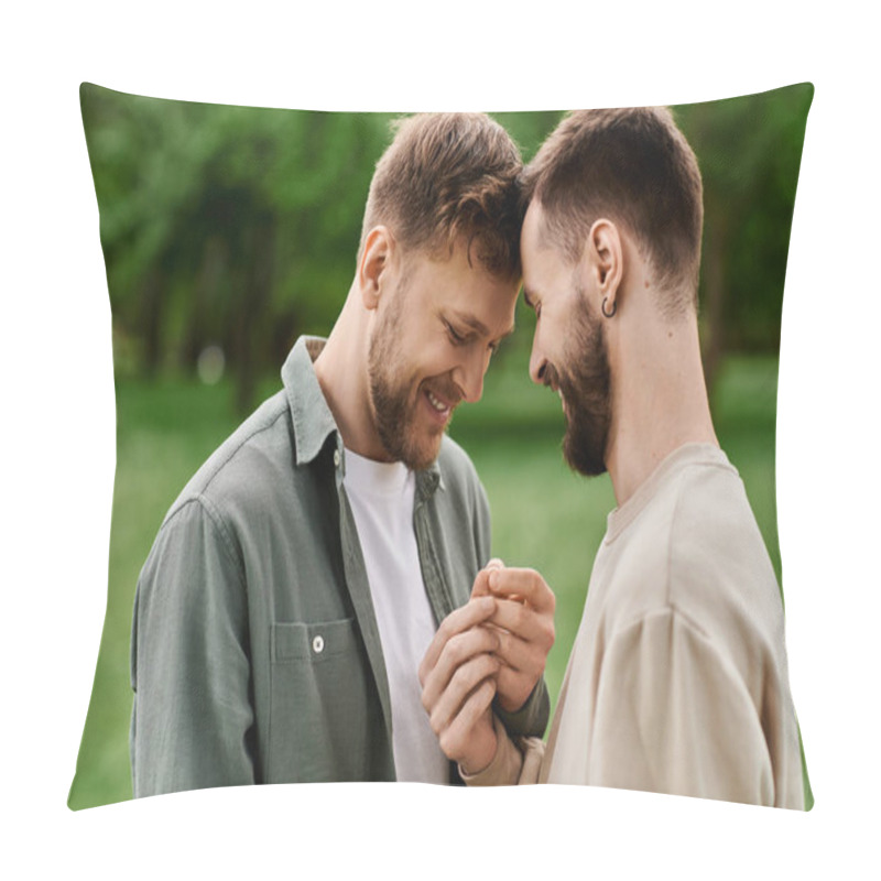 Personality  Two Bearded Gay Men Stand Close Together In A Green Park, Their Heads Touching As They Share A Tender Moment. Pillow Covers