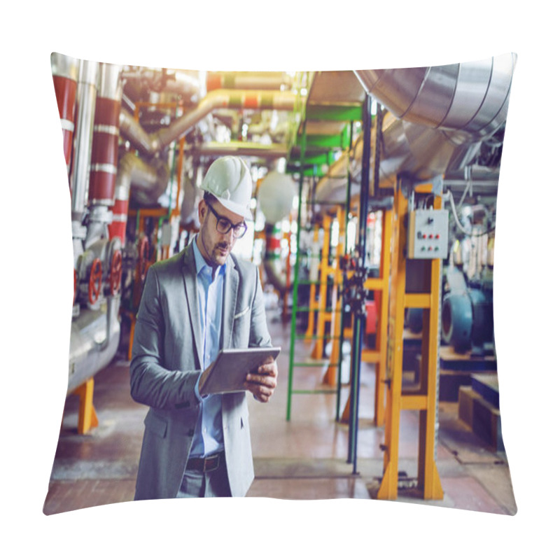 Personality  Handsome Caucasian Manager In Gray Suit And With Helmet On Head Using Tablet While Standing In Power Plant. Pillow Covers