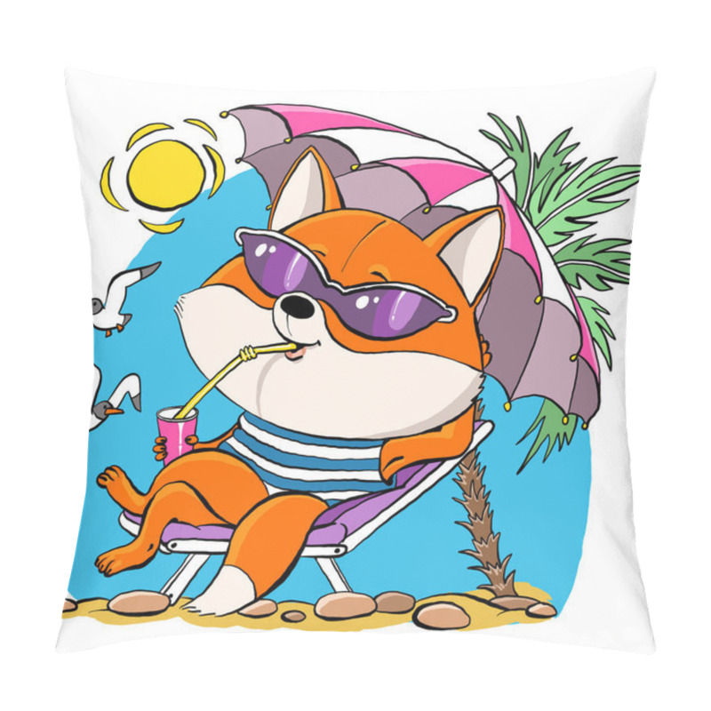 Personality  Vector Cartoon. Cute Red Fox Sits Under An Umbrella On The Beach In Summer. Against The Background Of The Blue Sea In Glasses And A Drink In Hand. Pillow Covers