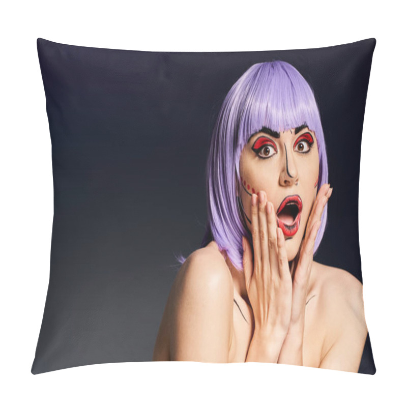 Personality  A Stunning Woman With Purple Hair And Dramatic Makeup Raises Her Hands To Her Face On A Black Background. Pillow Covers