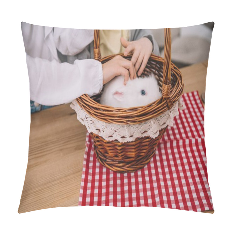 Personality  Cropped Shot Of Kids Playing With Rabbit In Basket Pillow Covers