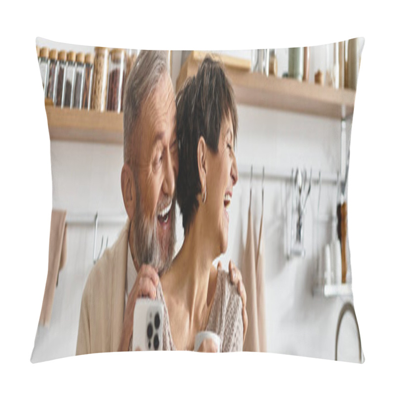 Personality  Mature Couple Shares Laughter And Warmth As They Enjoy Drinks Together In Their Stylish Kitchen. Pillow Covers