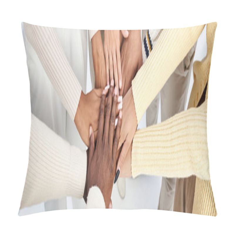 Personality  Banner Of African American People Stacking Hands Together On Grey Background, Juneteenth Pillow Covers