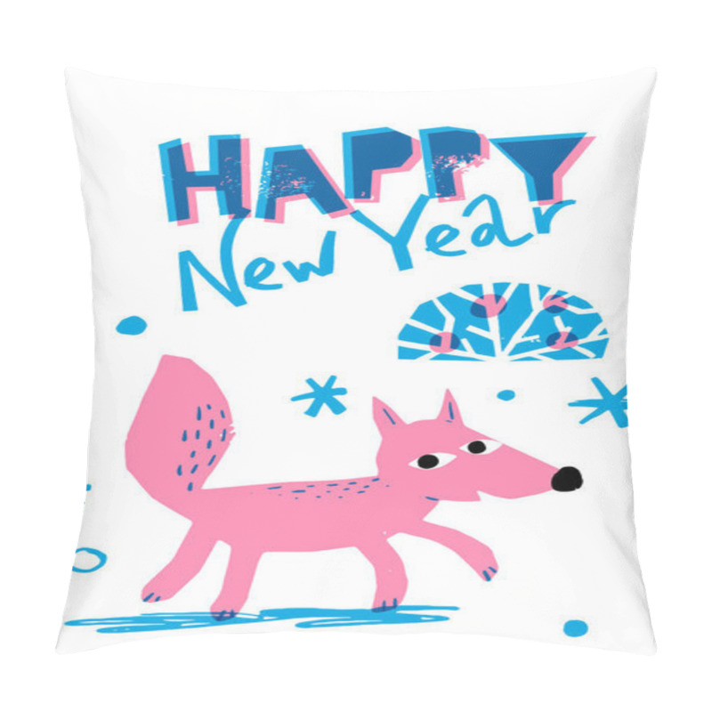 Personality  Winter New Year Poster With Cute Fox In Hand Drawn Silkscreen Style. Vector Merry Christmas Winter Poster Or Card With Cute Animals Characters Celebrating Holidays.  Pillow Covers