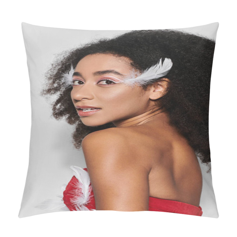 Personality  A Young Woman Poses Gracefully In A Vibrant Red Outfit Adorned With Feathers, Exuding Confidence. Pillow Covers