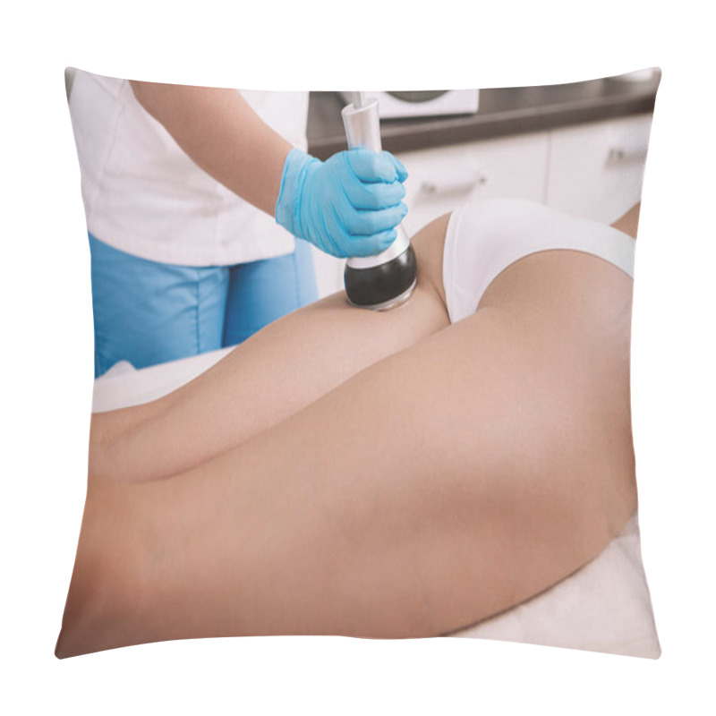 Personality  Cropped Shot Of A Woman Getting Rf-lifting Treatment On The Back Of Her Legs By Professional Beautician. Cosmetologist Performing Rf-lifting Therapy For Female Client Pillow Covers