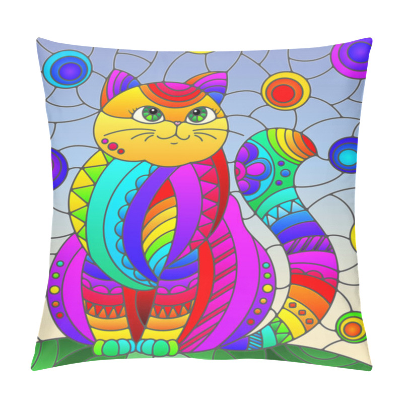 Personality  Illustration In Stained Glass Style With Abstract Cute Rainbow Cat On A Blue Background Pillow Covers