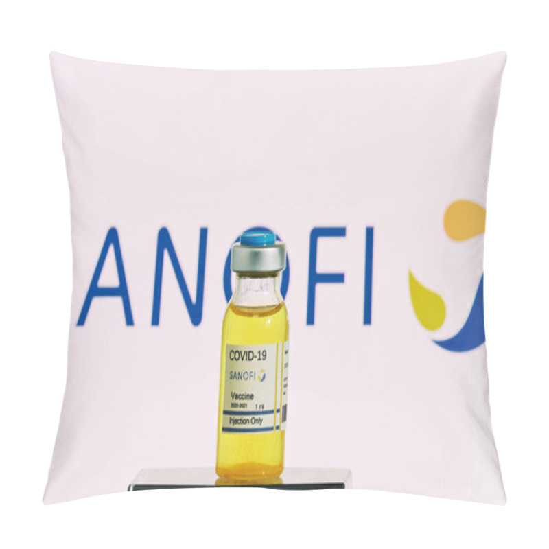 Personality  MALLORCA/SPAIN- November 21 2020: Sanofi Research Coronavirus (Covid 19) Vaccine. Row Of Vaccine Bottles With Blurred Sanofi Company Logo On Background. Pillow Covers