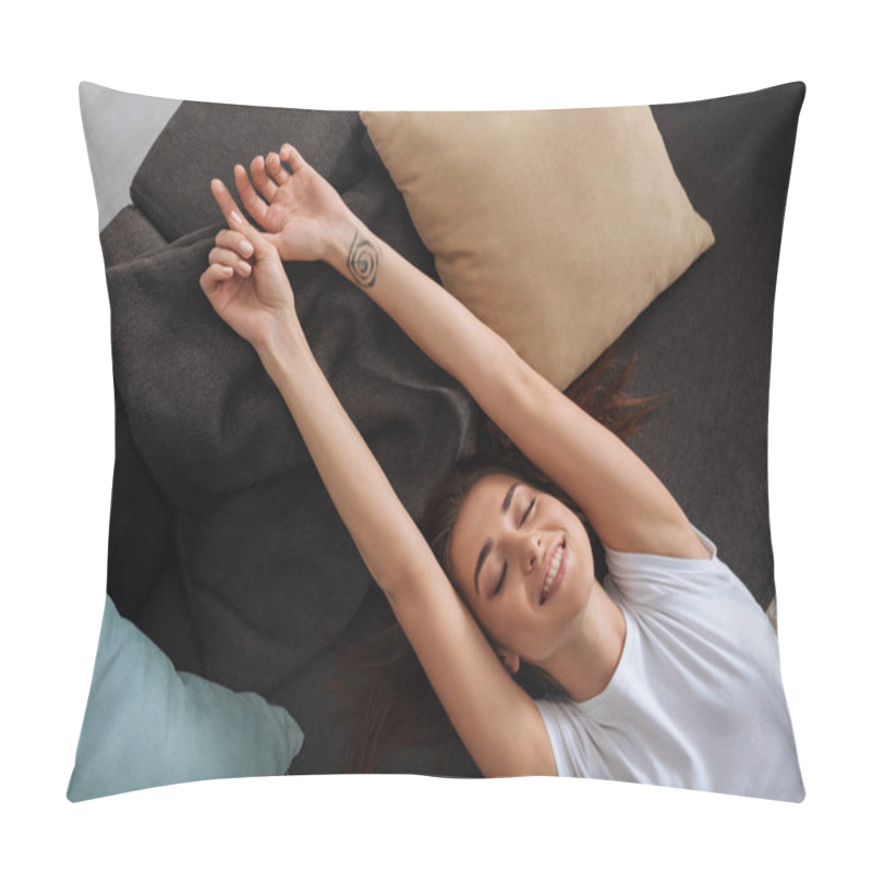 Personality  Top View Of Cheerful Tattooed Girl With Closed Eyes Chilling On Sofa  Pillow Covers