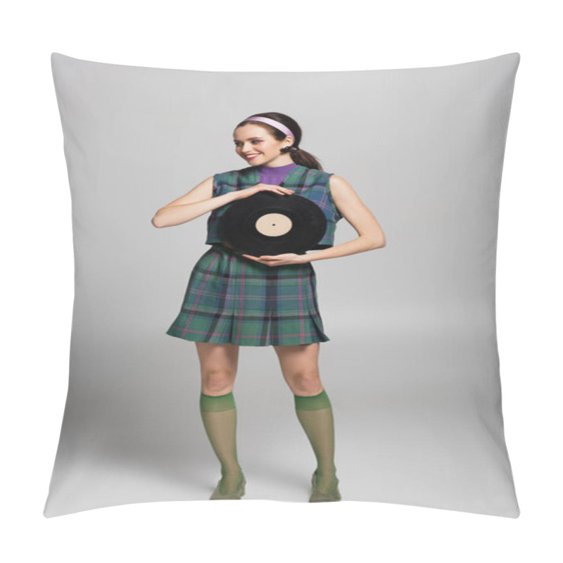 Personality  Full Length Of Happy Young Woman In Headband Holding Retro Vinyl Disc On Grey Pillow Covers