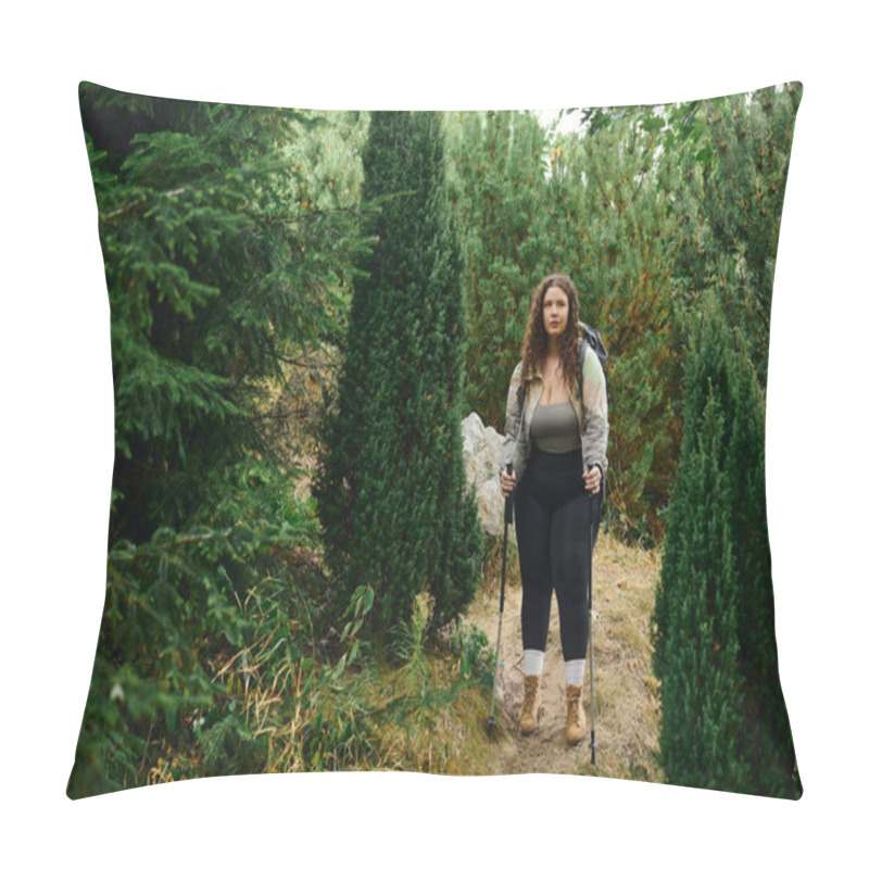 Personality  A Confident Plus Size Woman Walks Through A Lush Green Forest, Embracing The Beauty Of Nature. Pillow Covers