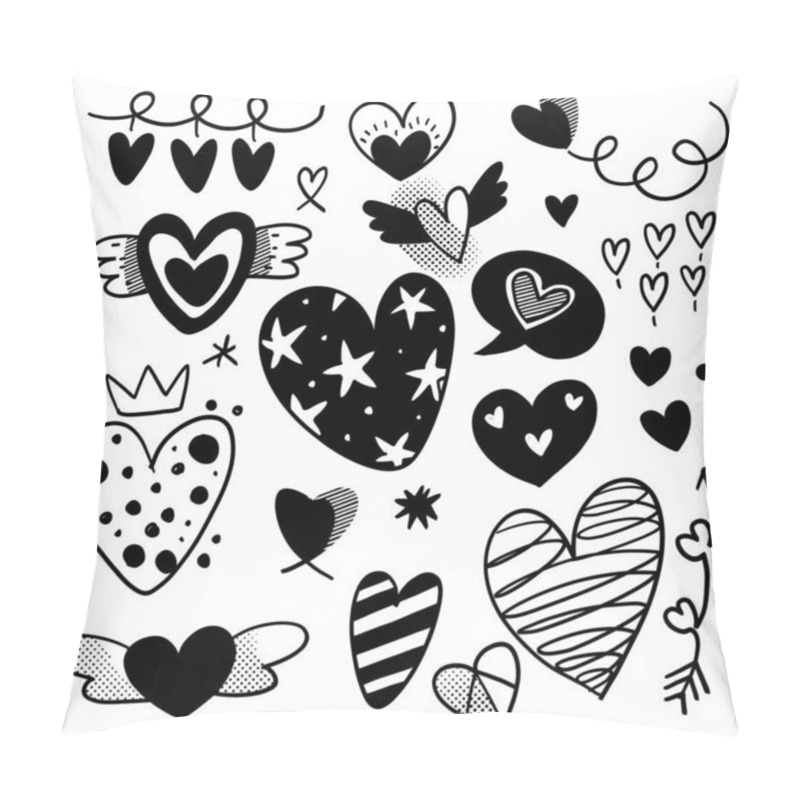 Personality  A Collection Of Heart-themed Doodles With Halftone Effect, Featuring Various Heart Designs, Patterns, And Romantic Symbols In Black And White Pillow Covers