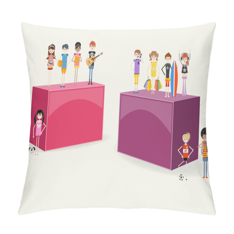 Personality  3d Design Of A Text Box With Cartoon Teenagers. Pillow Covers