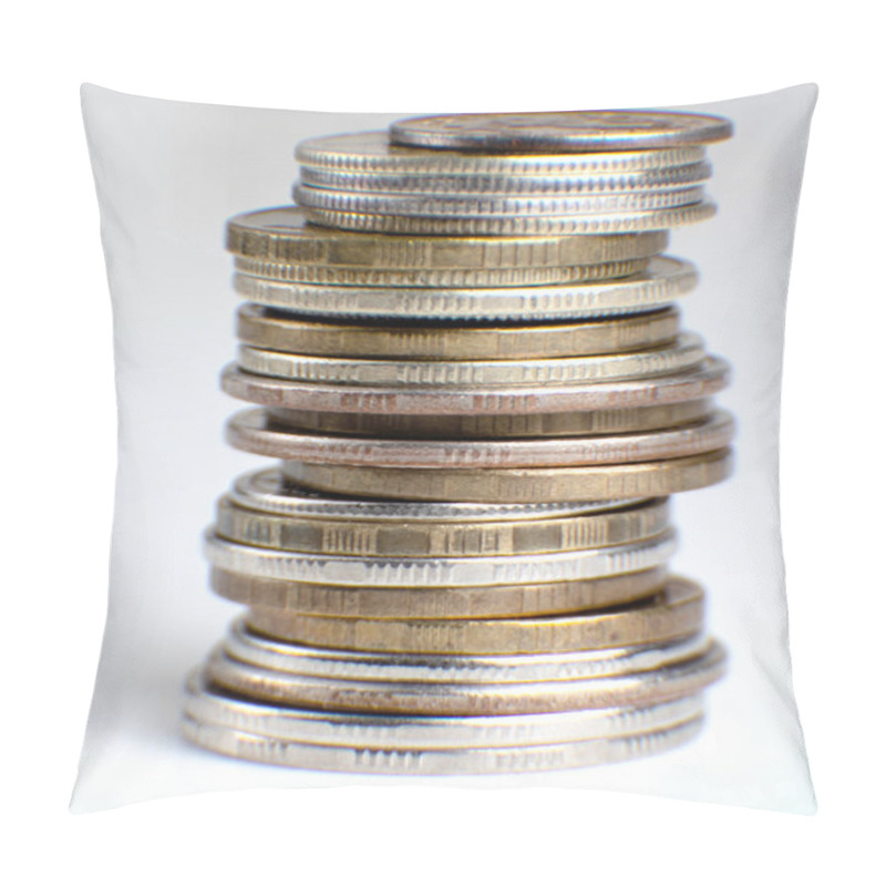 Personality  Coins Isolated On White Background. Macro Photo Column Of Coins.  Pillow Covers