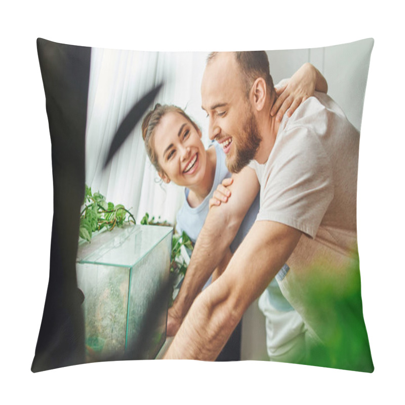 Personality  Smiling Brunette Woman In Homewear Hugging Bearded Boyfriend Near Terrarium And Plants At Home Pillow Covers