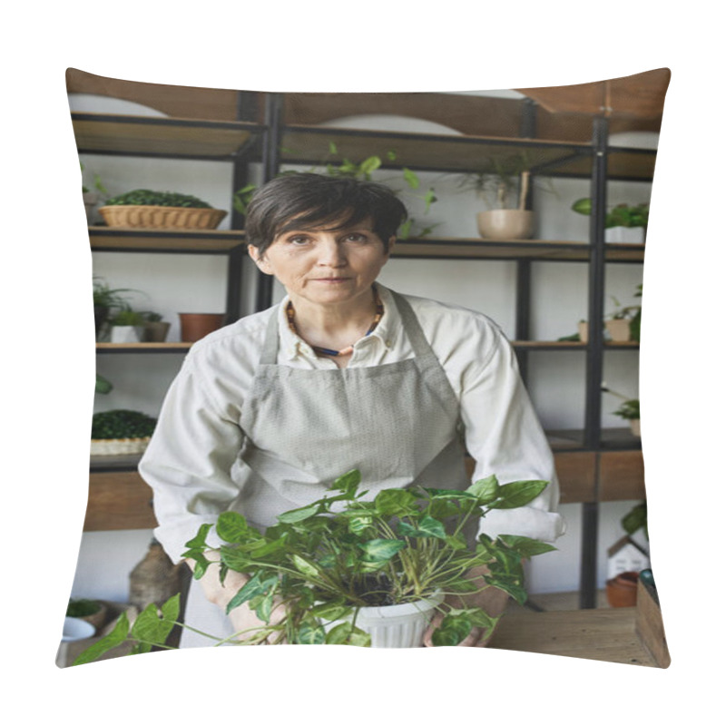 Personality  A Mature Woman Tends To Her Vibrant Plants With Care And Passion In Her Studio. Pillow Covers