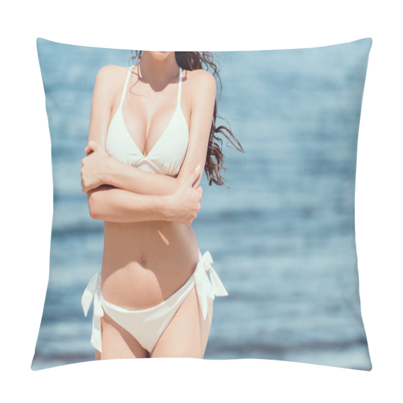 Personality  Cropped View Of Beautiful Slim Girl In White Bikini Posing Near Sea Pillow Covers