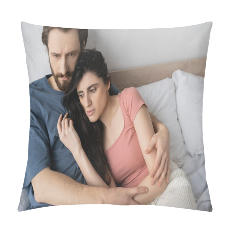 Personality  Upset Couple In Pajama Hugging While Lying On Bed At Home  Pillow Covers