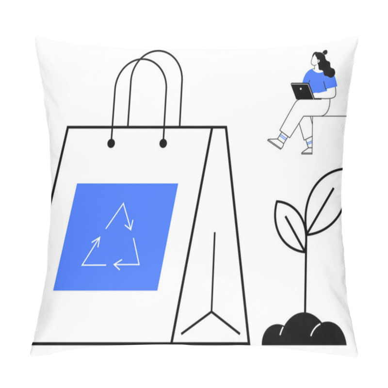 Personality  Large Shopping Bag With Blue Recycling Symbol, Person Sitting Using Laptop, And Sprouting Plant. Ideal For Sustainability, Eco-friendly Products, Recycling, Environmental Awareness, Online Shopping Pillow Covers