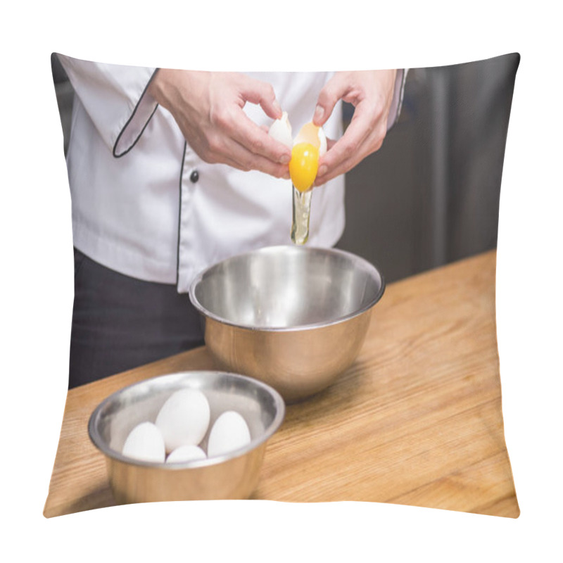 Personality  Cropped Image Of Chef Putting Egg Into Bowl Pillow Covers