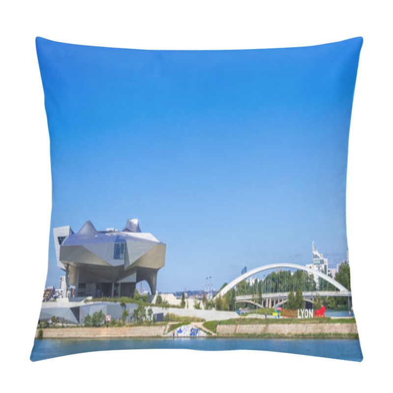 Personality  Lyon, France - August 22, 2019: Musee Des Confluences Museum. The Pont Raymond Barre Bridge Over The Rhone River And A Only Lyon Slogan Of Lyon City Pillow Covers