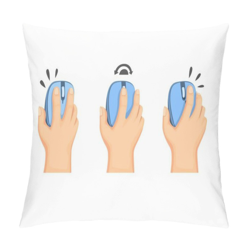 Personality  Hand Holding Computer Mouse, Wireless Mouse Guide Instruction Symbol In Cartoon Illustration Vector On White Background Pillow Covers