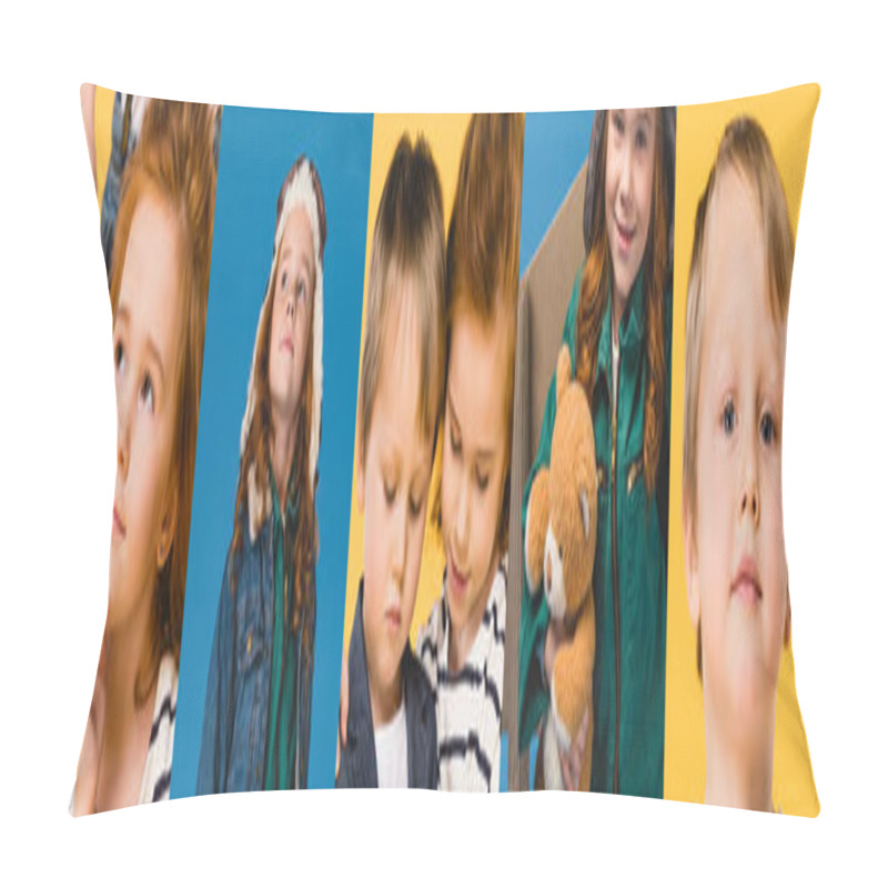 Personality  Collage Of Emotional Children Isolated On Yellow And Blue Pillow Covers