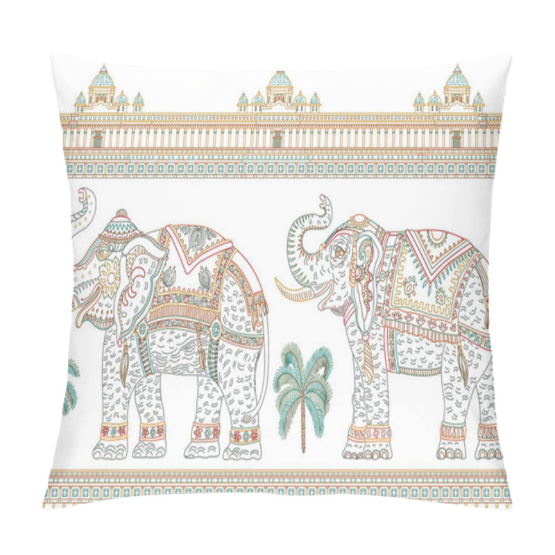 Personality  Vector Seamless Border Pattern With Ornate Indian Elephant, Tropical Palm Tree, Antique Temple. Colorful Thin Line On A White Background. Coloring Book For Adults And Children Pillow Covers