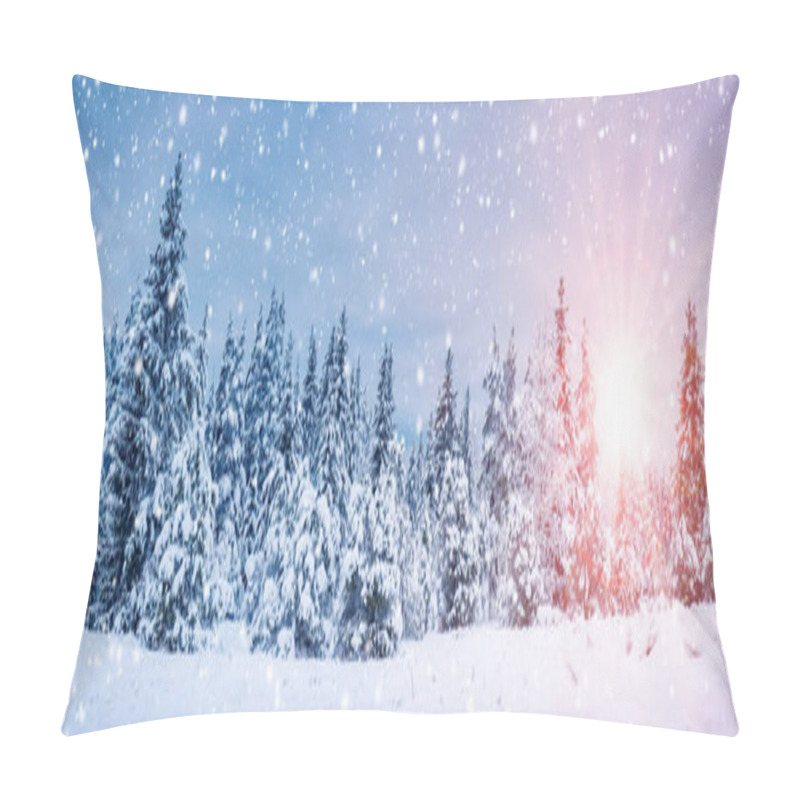 Personality  Beautiful Snowfall In Spruce Forest On The Morning. Sunrise In The Fir Woods. Panoramic Background. Pillow Covers