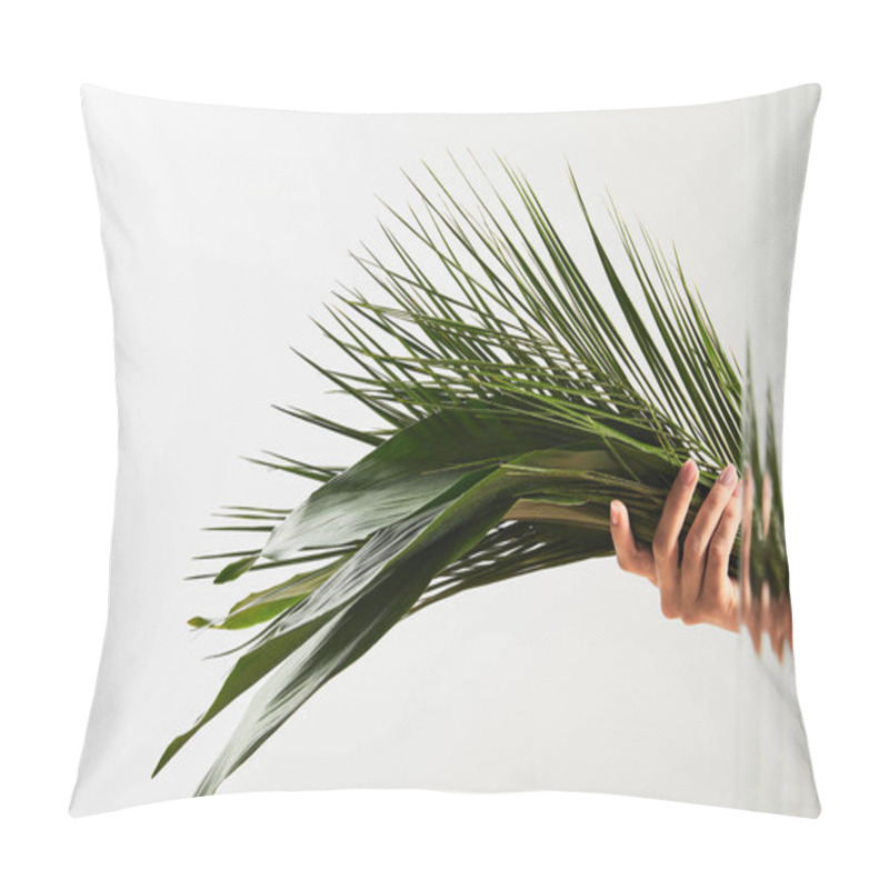 Personality  Cropped View Of Woman Holding Palm Tree And Big Green Leaves On White Background Behind Reed Glass  Pillow Covers