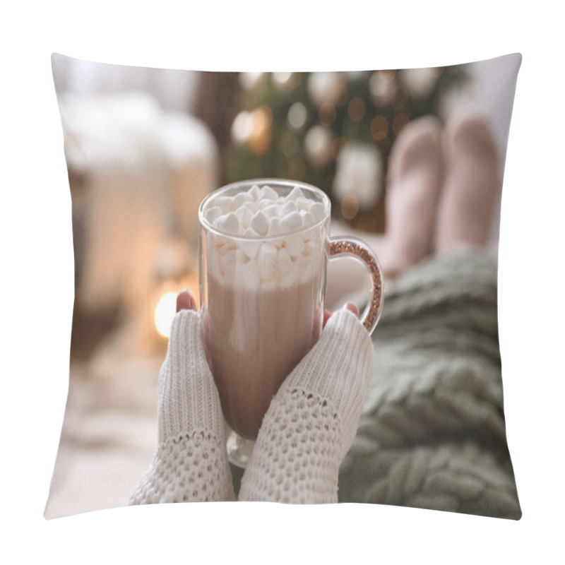 Personality  Woman With Delicious Hot Drink Wrapped In Plaid At Home, Closeup Pillow Covers