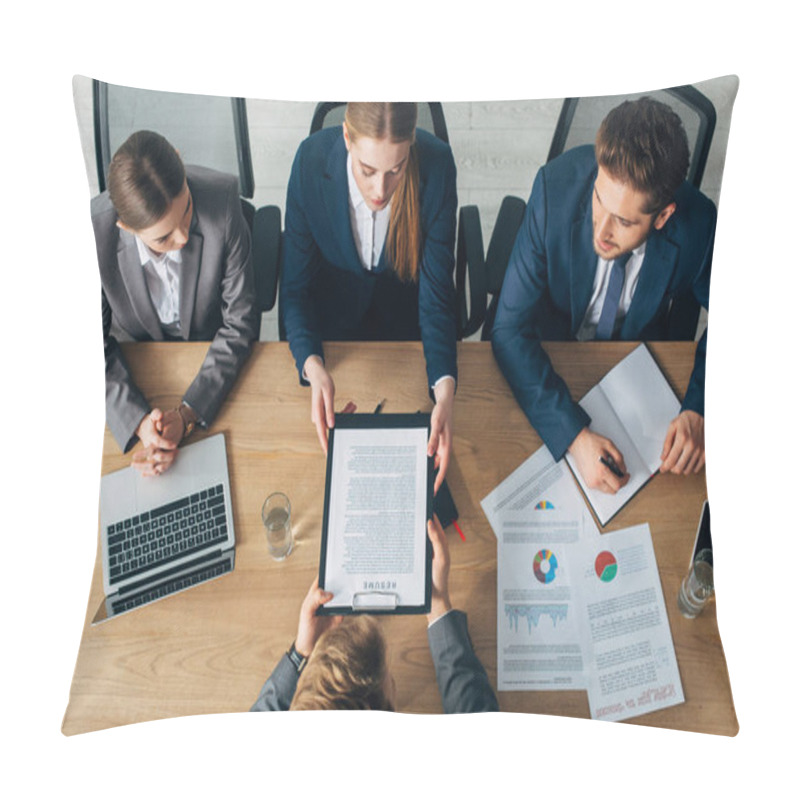 Personality  Overhead View Of Recruiter With Resume Near Colleagues And Employee At Table Pillow Covers