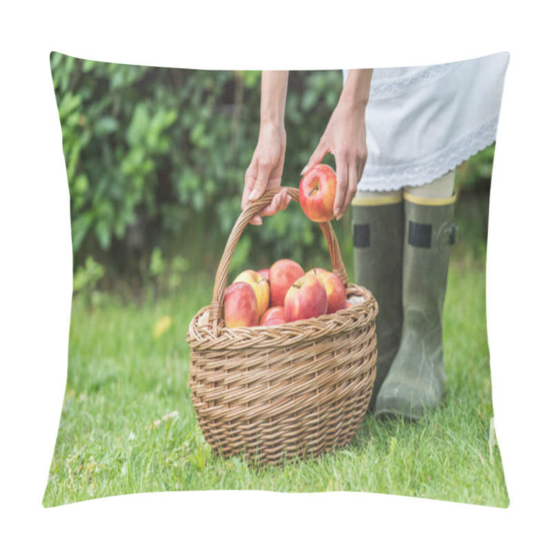 Personality  Cropped View Of Girl Picking Apples In Wicker Basket Pillow Covers