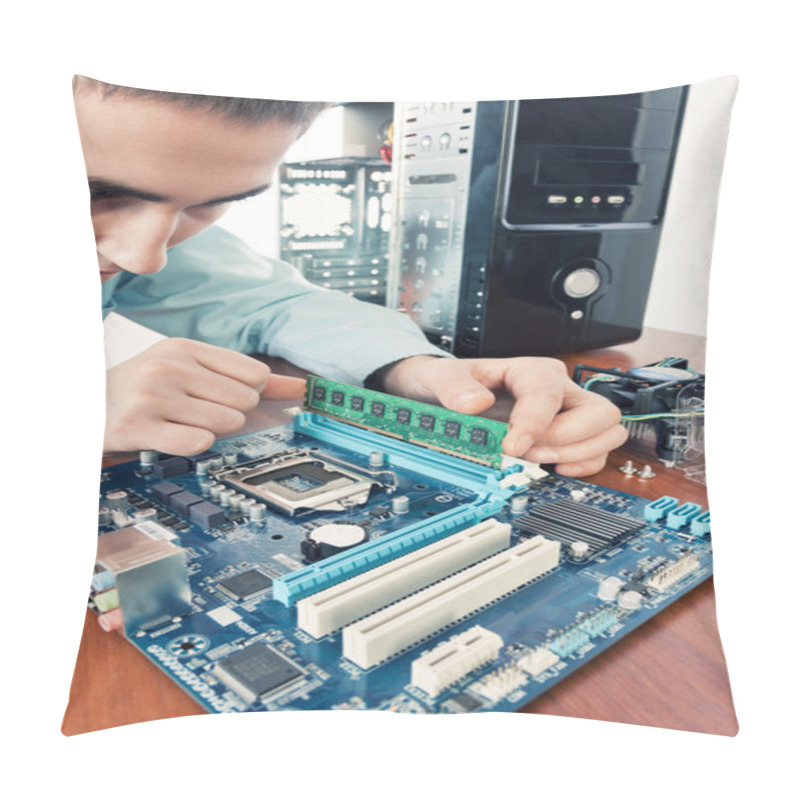 Personality  Technician Repairing Computer Hardware In The Lab. Pillow Covers