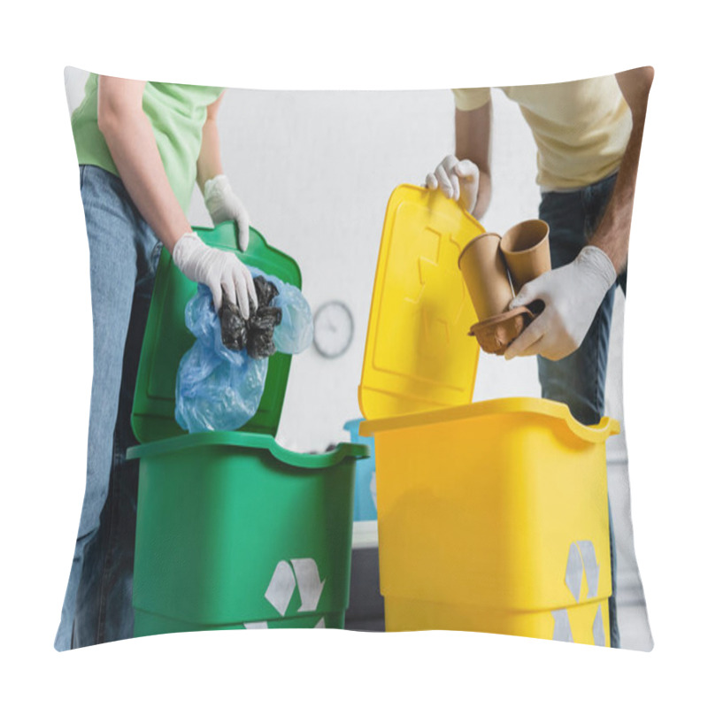 Personality  Cropped View Of Couple In Latex Gloves Sorting Trash In Cans With Recycle Sign At Home  Pillow Covers