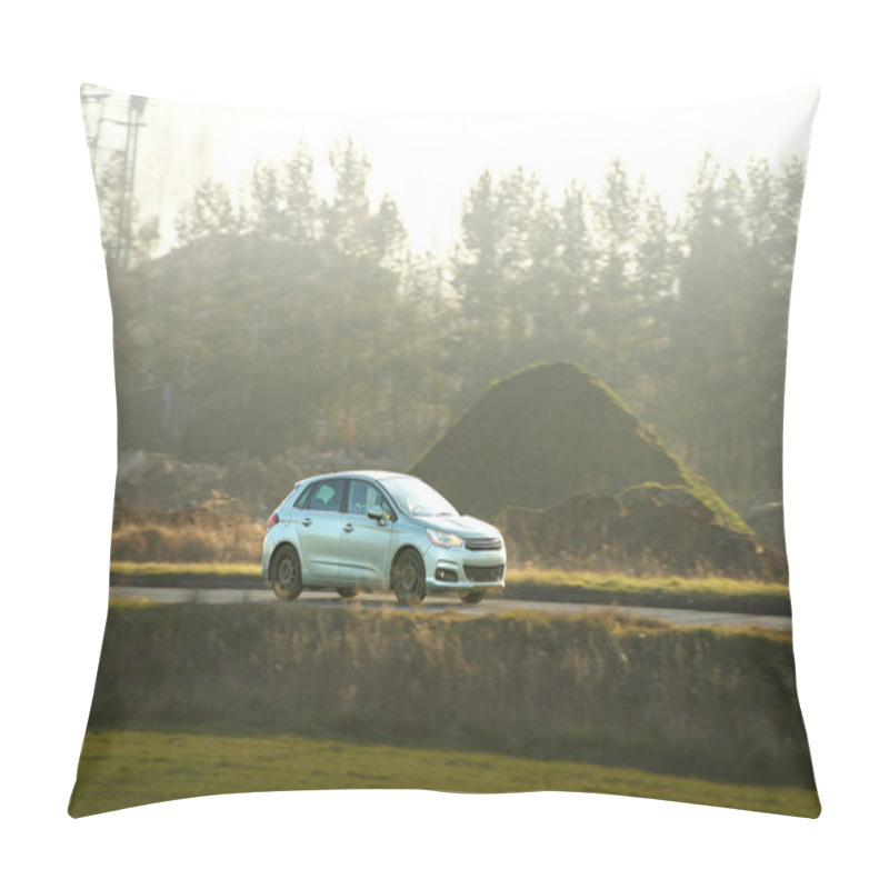 Personality  Silver Compact Modern Car Moving On Sunny Day Pillow Covers