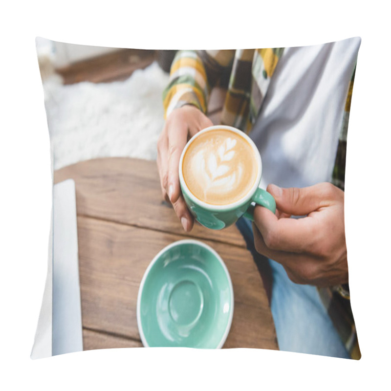 Personality  Cropped View Of Man Sitting In Cafe And Holding Cup Of Coffee With Latte Art Pillow Covers