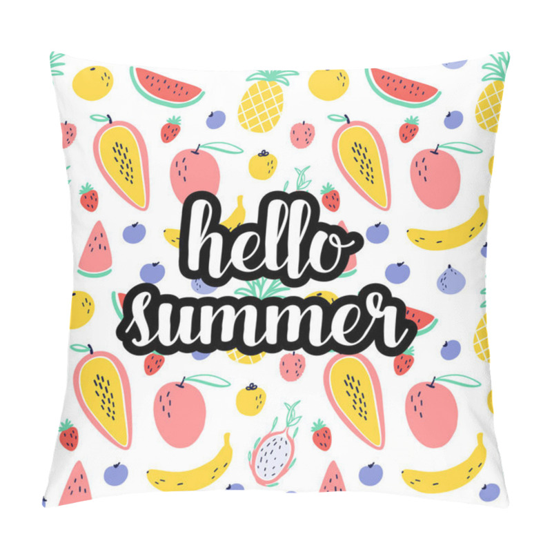 Personality  Hello Summer Text With Tropical Fruit Elements : Pineapple, Mango, Watermelon, Dragon Fruit, Pitaya, Banana, Papaya. Vector Exotic Food Seamless Pattern Background Pillow Covers